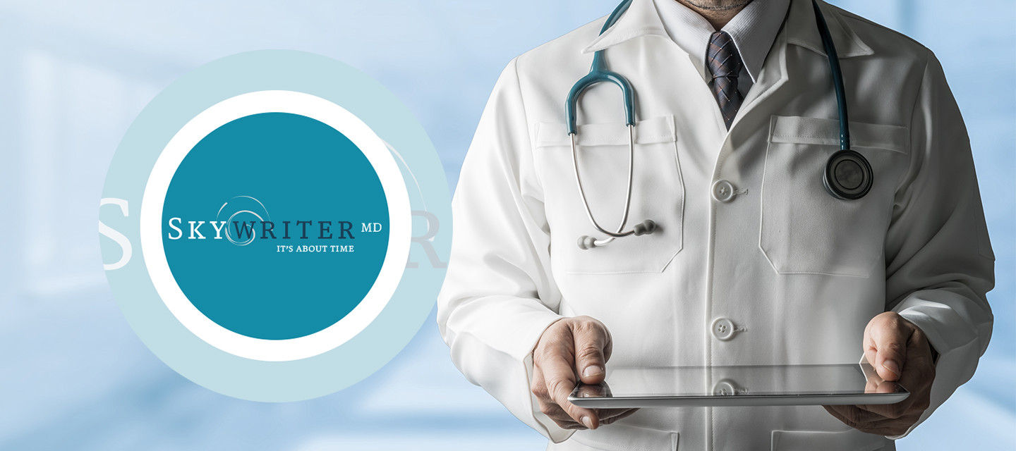 Skywriter logo with a doctor holding an ipad